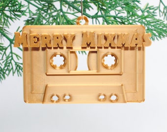 Cassette Tape Christmas Ornament - 3d Printed Shiny Gold "Merry Mixmas"