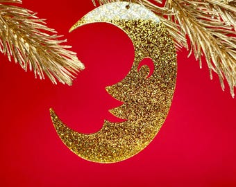 Ornamento natalizio a forma di luna - Acrilico con glitter oro scintillante - Ispirato al vintage celeste