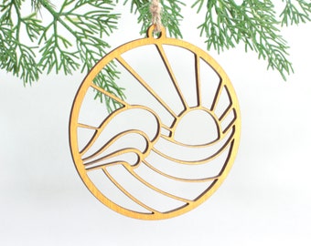 Surf Sunset Wood Ornament - Coastal Inspired Waves and Sunshine - Christmas Ornament