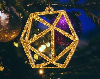 D20 Dice Gold Sparkle Ornament - Laser Cut Acrylic