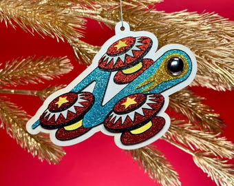 Paraurti a forma di flipper: albero di Natale retrò colorato e scintillante in stile arcade