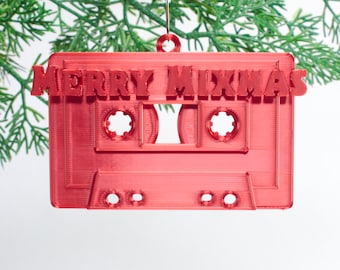 Cassette Tape Christmas Ornament - 3d Printed Shiny Red "Merry Mixmas"