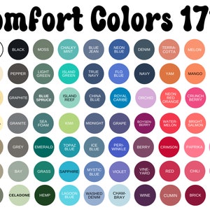May include: A chart of 60 colour swatches with names for each colour. The colours are arranged in rows and columns. The chart is titled "Comfort Colours 1717".