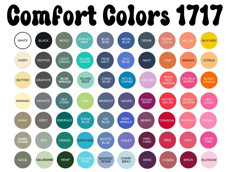May include: A chart of 60 colour swatches with names for each colour. The colours are arranged in rows and columns. The chart is titled "Comfort Colours 1717".