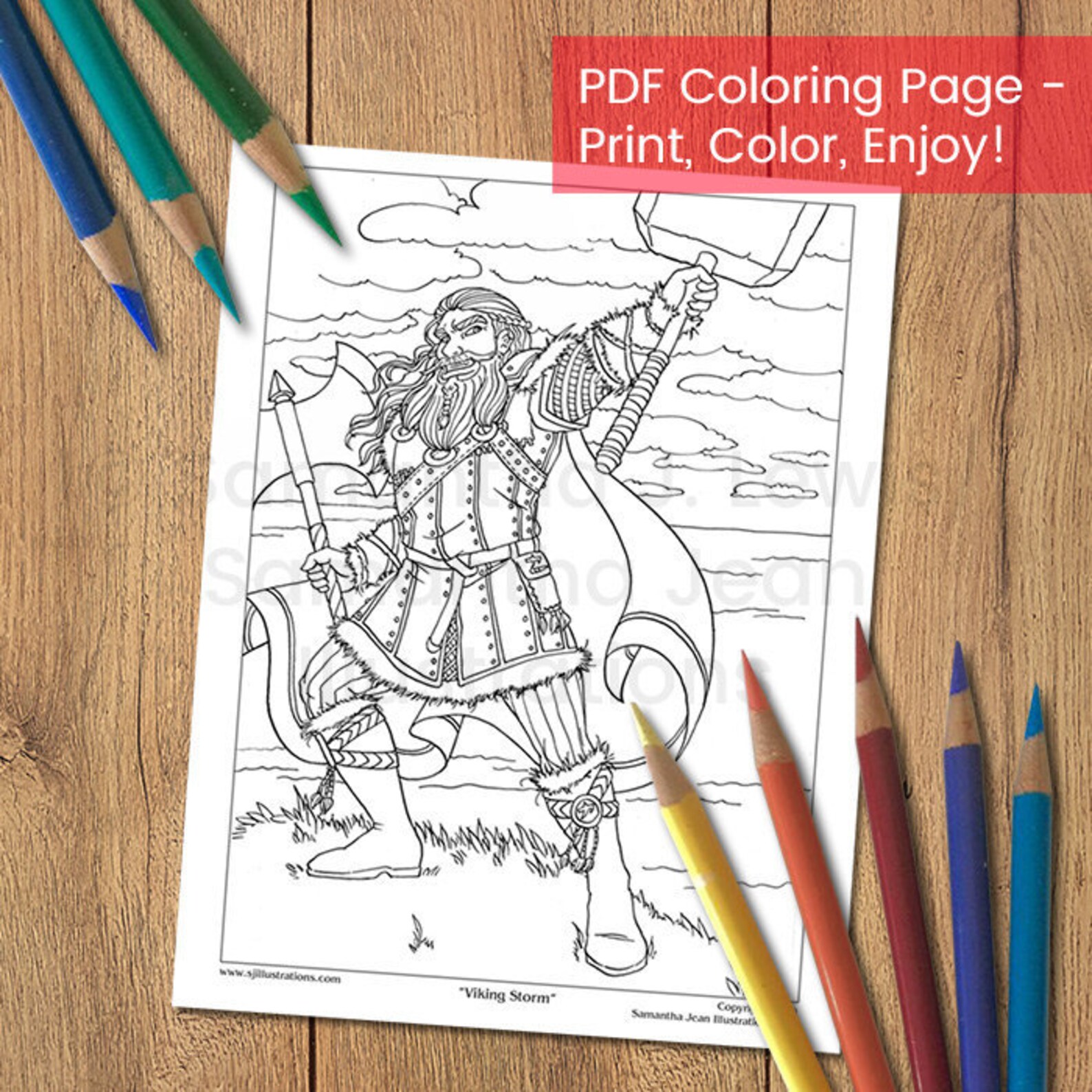 Viking Man Adult Coloring Page Thor Norse Art Printable | Etsy