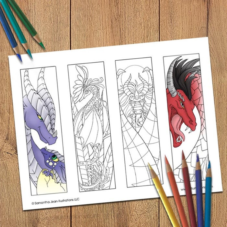 dragon coloring bookmarks set of 3 pages to color adult etsy