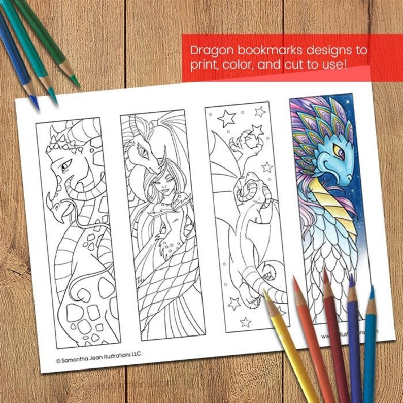 dragon coloring bookmarks to color fantasy printable etsy