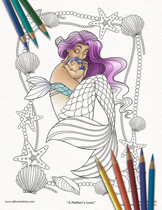 Mermaid Mother And Baby Adult Coloring Page Digital Download Etsy