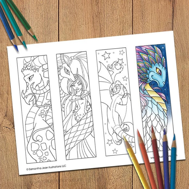 dragon coloring bookmarks set of 3 pages to color adult etsy