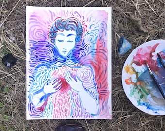 Feel it All, original watercolor painting, artwork, illustration, feeling, portrait, abstract, drawing