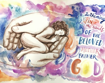 In the hands of God, original watercolor painting, aquarelle, beloved, source, mother, father, nude, rainbow, inspirational, faith, love