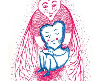 Caring for myself, illustration, drawing, print, red, blue, higher self, caring, wings, caretaker