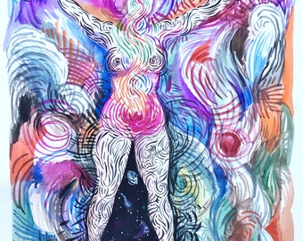 Release & Open to LIFE, original, watercolor, guache, painting, artwork, illustration, visionary, energy, universe, magic, woman, divine