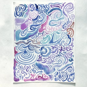 May include: Abstract watercolour painting with swirling blue, purple and pink lines and shapes on a white background.