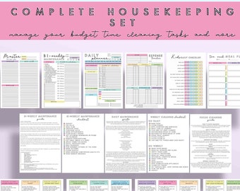 Complete Printable Housekeeping Set -; Home Management, Household Binder - Cleaning Schedule & Checklist, Menu, To Do List, Agenda