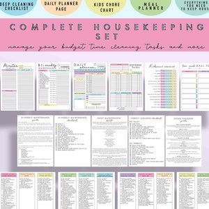 Complete Printable Housekeeping Set -; Home Management, Household Binder - Cleaning Schedule & Checklist, Menu, To Do List, Agenda