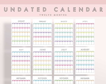 Undated Calendar-Undate Monthly Calendar-Planner-Printable Calendar-Digital Calendar-12 Month Calendar