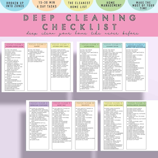 Focus Cleaning Checklist- Cleaning Checklist Printable, Home Cleaning Schedule, Weekly Cleaning, Cleaning Planner, Monthly Cleaning List,