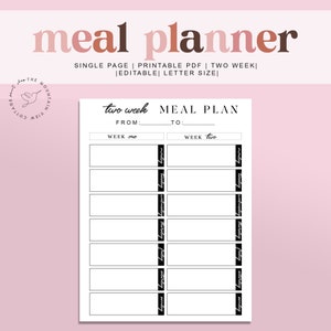 Two Week Meal Planner Printable | Shopping, Grocery, Food List | A4  | Planner Insert | Monday and Sunday | Instant Download-budget|Editable