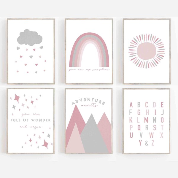 ROSA und GRAUe Kinderzimmer Kunst- Boho REGENBOGEN Kinderzimmer Kunst, Set von 6 Kunstdrucke-Neutrales Kinderzimmer Druck, rosa Kinderzimmer Kunst, Boho Print, moderne Kunst
