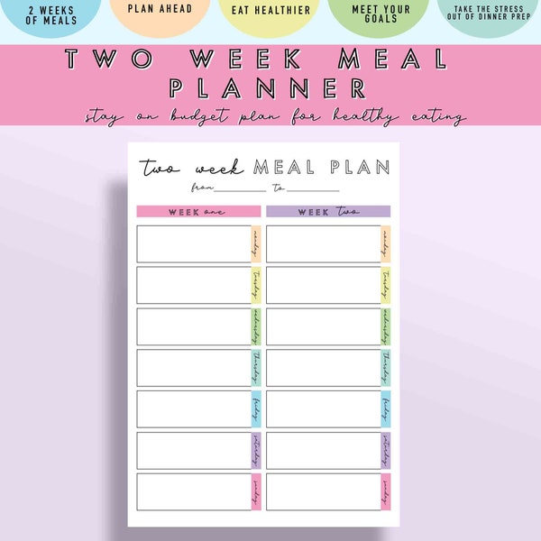 2WEEK-Weekly Meal Planner Printable, Weekly Menu Planner, Health Planner, Fitness Planner, PDF, Digital Download, 2 week meal planner page