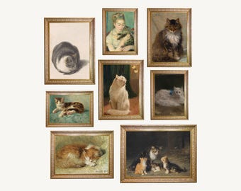 Vintage Katze Kunstdrucke, digitaler Download (Set von 9 Bildern)