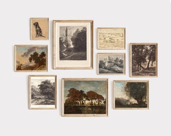 May include: A collection of framed landscape art prints in various sizes. The artwork features scenes of trees, fields, and a dog. The color palette includes browns, blues, and greens, with some prints in black and white. The frames are a light brown color.