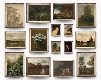 May include: Collection of framed vintage landscape and portrait paintings. The artworks feature scenes of nature, including trees, fields, and a river, as well as a portrait of a woman. The frames are a warm, neutral color.