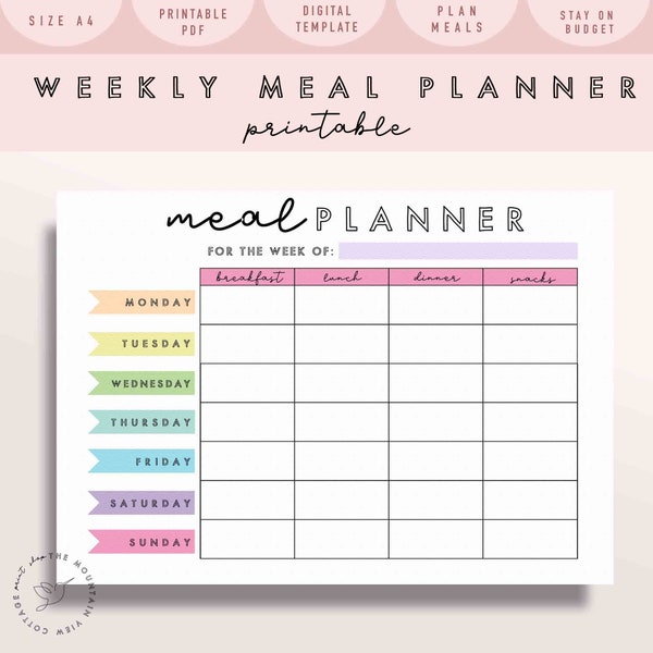 Rainbow Weekly Meal Planner Printable | Shopping, Grocery, Food List | A4  | Planner Insert | Monday and Sunday | Instant Download-budget