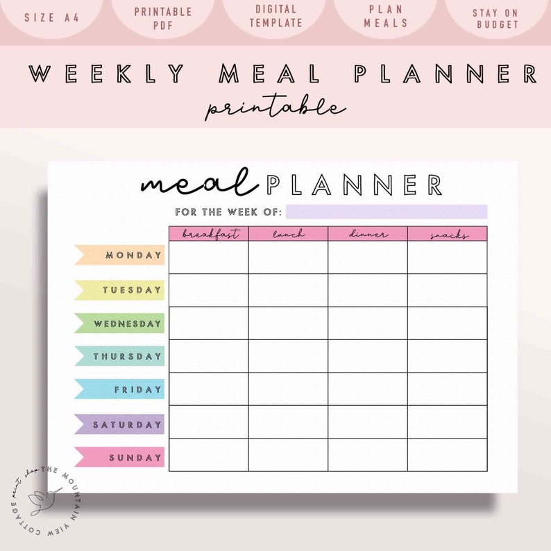 Rainbow Weekly Meal Planner Printable | Shopping, Grocery, Food List | A4  | Planner Insert | Monday and Sunday | Instant Download-budget 