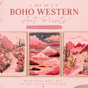 Op de afbeelding: Set van drie ingelijste kunstdrukken met een boho western thema. De prints tonen roze landschappen met bergen, wolken en woestijnplanten. De tekst "BOHO WESTERN Art Prints PINK COLLECTION" staat boven de prints. De woorden "PRINTABLE WALL ART INSTANT DIGITAL DOWNLOAD" staan eronder.
