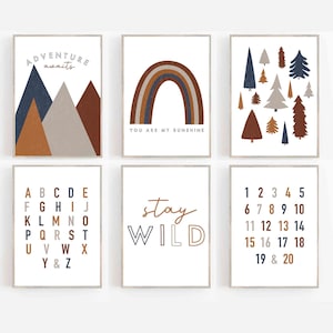 Boy Nursery RAINBOW Nursery Wall Art , mountain Art, Set of 6 Art Prints-Neutral Nursery Print, woodland, Neutral Minimal Art, Boho Print,