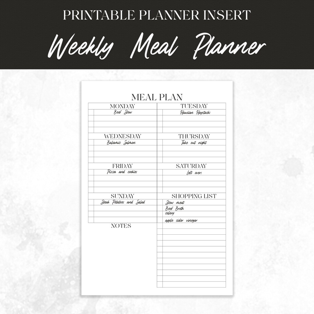 PLANNER INSERT Weekly Meal Planner -standard Letter Size and A5-simple ...