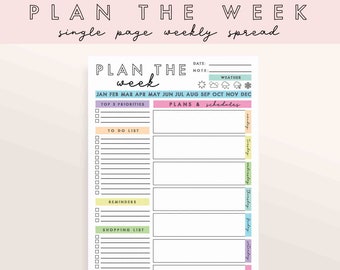 Plan the Week- Weekly Planner PRINTABLE - Weekly Organizer // A4 Weekly Planner Inserts,Weekly Planner, calendars and planners, single page
