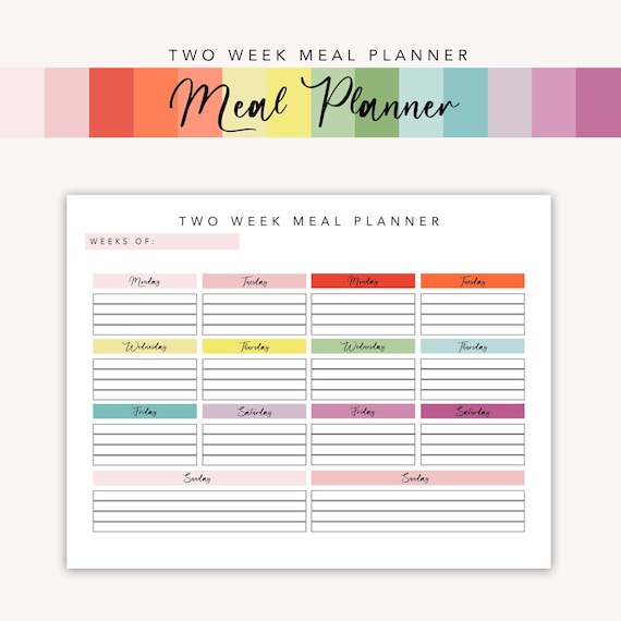 TWO Week Meal Planner Printable RAINBOW Shopping Grocery - Etsy