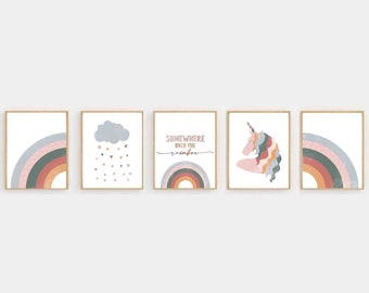 Little Unicorn Girls Room Decor Unicorn Rainbow Wall Art, Unicorn Bedroom Decor for Girls Unicorn Decor Set of 5 Unicorn Prints Boho rainbow