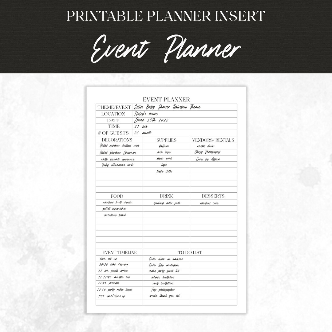 Events Insert PLANNER INSERT Event Planner Insert -standard Letter Size and A5-simple ...
