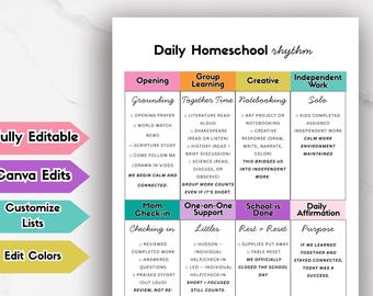Daily Homeschool Rhythm Planner | Canva Editable Homeschool Schedule | Gentle Homeschool Routine | Digital Download