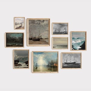 Vintage Nautical Wall Art: Set of 9 Moody Coastal Ship Prints