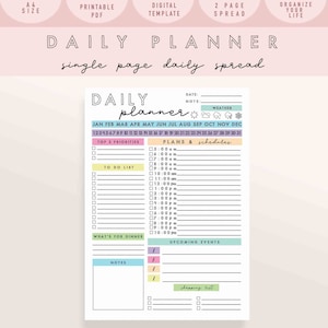 Daily Planner Page, Daily Planner Printable Template, Planner 2020, Printable Dated Daily Planner, A4, Daily Spread Planner- Rainbow Planner