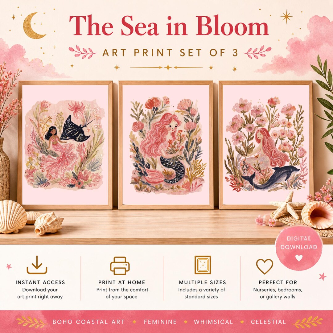 Pink Mermaid Wall Art Set of 3, Whimsical Mermaid Nursery Prints ...