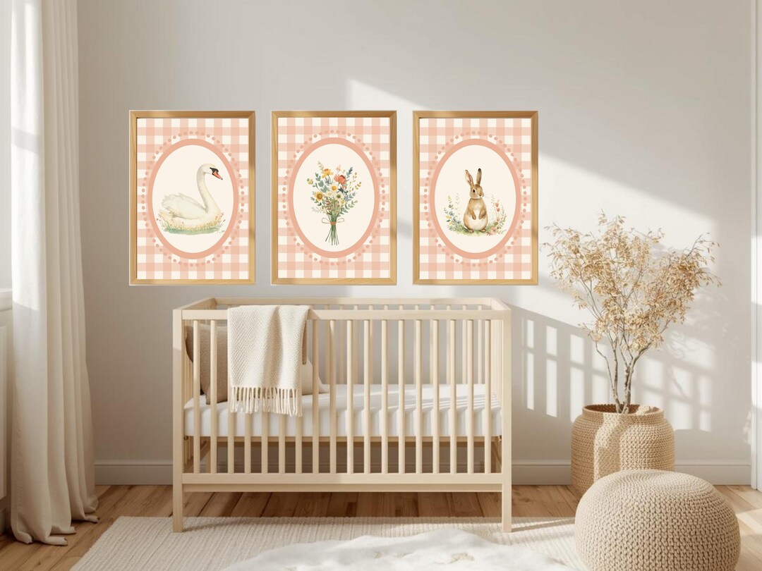 Bunny Nursery Wall Art Set, Peach Gingham Swan and Rabbit Prints ...