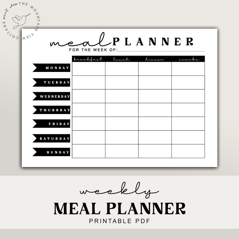 BLACK and WHITE Weekly Meal Planner Printable Shopping, Grocery, Food ...