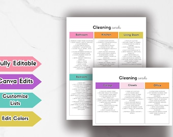 Tarjetas de limpieza imprimibles / Tarjetas de lista de limpieza editables de Canva / Tareas de limpieza habitación por habitación / Descarga digital