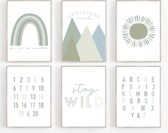 Light Green- nursery art  Rainbow Nursery Wall Art , mountain art , Set of 6 Art Prints-Neutral Nursery, BOY nursery art, Boho,modern art,