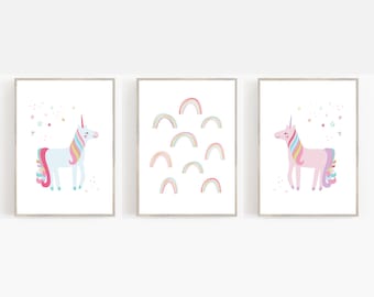 Little Unicorn Girls Room Decor Unicorn Rainbow Wall Art, Unicorn Bedroom Decor for Girls Unicorn Decor Set of 5 Unicorn Prints Boho rainbow