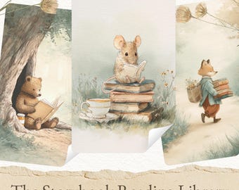 May include: Watercolor woodland art print set featuring a bear, mouse, and fox, each engrossed in reading. The bear sits under a tree, the mouse on books, and the fox carries more books. The text reads "The Storybook Reading Library".