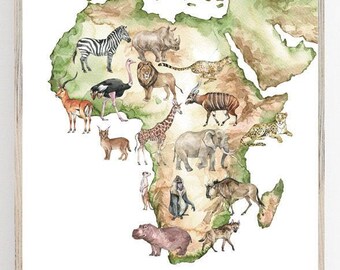Africa Animal Map: Safari Nursery Decor (Printable Digital Art)