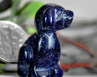 Hand Carved Dog Spirit Animal Blue Goldstone Canine Miniature Gem Figurine 9166