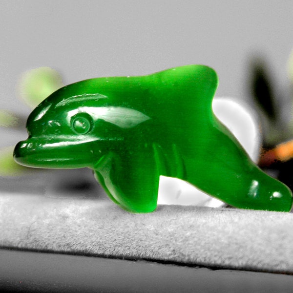 Green Cat's Eye Bottle Nose Dolphin Stone Carved Figurine 9030